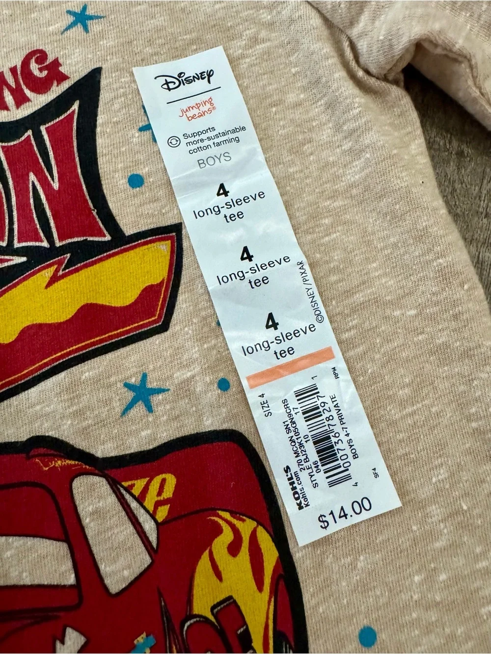 Disney Pixar Cars Lightning McQueen Long Sleeve Tee Boys 4T Beige NWT